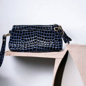 Sholder bag purse crocodile faux leather dark blue glossy with the gold Hardwar